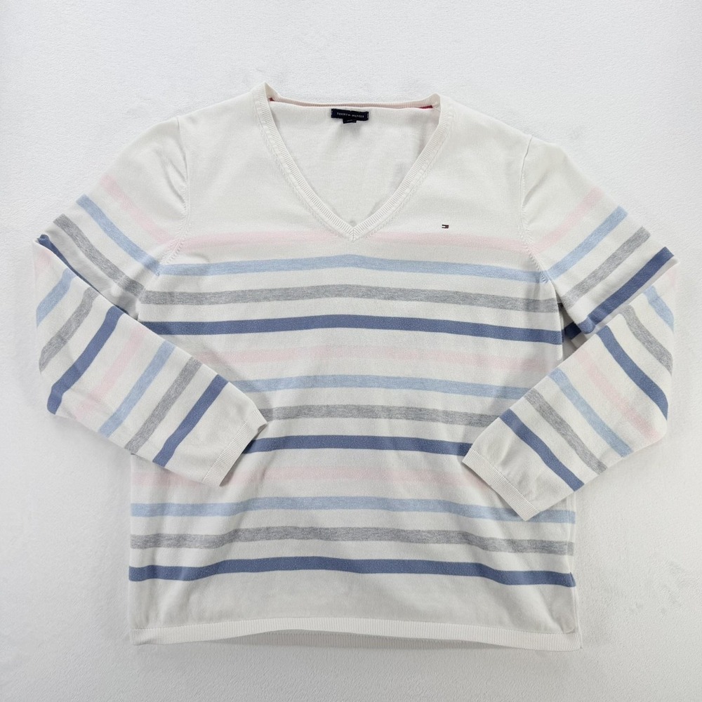 Tommy Hilfiger Sweater Womens 2XL White Striped V Neck Lightweight Pullover Knit